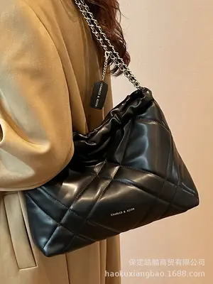 Black Quilted Bucket Bag with Chain Strap for Women