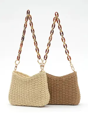 Handwoven Straw Chain Bag Cream Brown Adjustable Strap