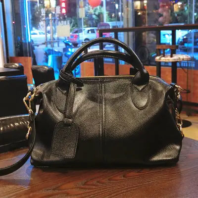 Black Textured Leather Boston Handbag with Gold Hardware