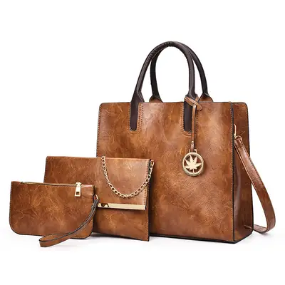 Multi-Piece Faux Leather Handbag Set Brown Star Charm