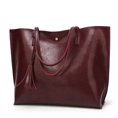Burgundy Leather Tote Bag with Tassel for Women