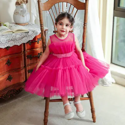 Pink Tulle Bow Belt Dress for Girls Birthday Wedding