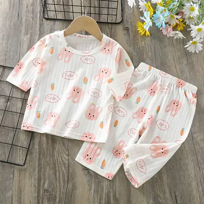 Children Cotton Pajama Set Pink Bunny Print Summer Wear