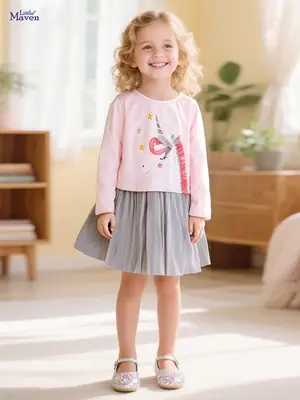 Pink Unicorn Embroidered Girl's Skirt Dress