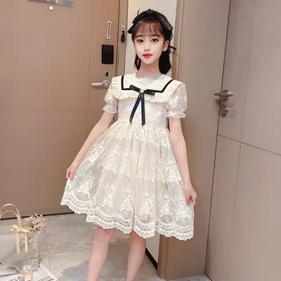 Lace Sailor Dress for Girls Beige Navy Bow