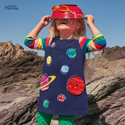 Kids Space Dress Navy Blue Planet Print Long Sleeve
