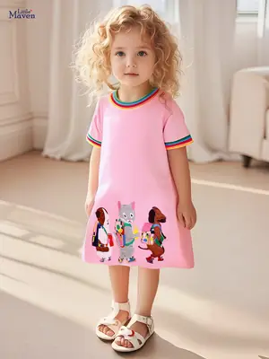 Girls Cotton Dress Rainbow Stripes Animal Embroidery