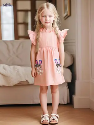 Cute Bunny Embroidered Cotton Dress for Girls Summer
