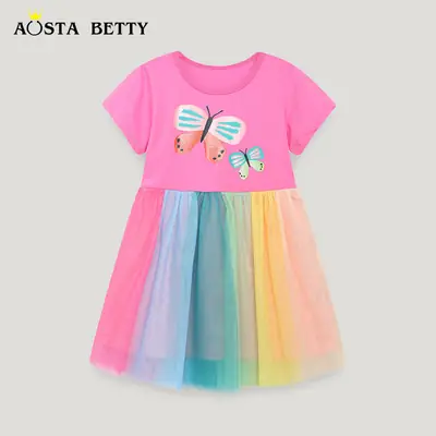 Girls Butterfly Embroidered Rainbow Skirt Dress