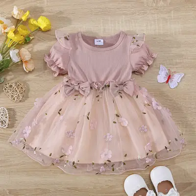 Pink Floral Embroidered Mesh Dress for Girls 3-6 Months