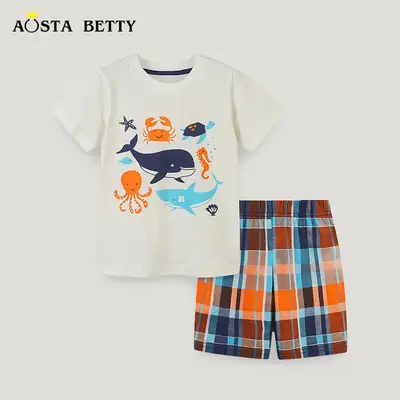 Kids Summer T-Shirt Shorts Set Ocean Print Plaid Shorts