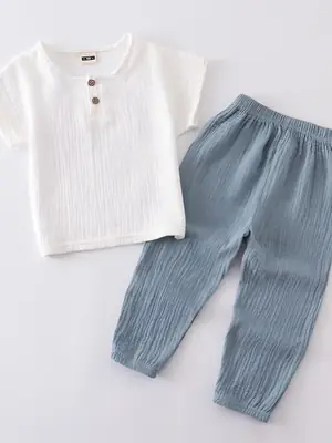 Kids Cotton Pajama Set White Blue Loose Fit Summer Wear thumbnail 1