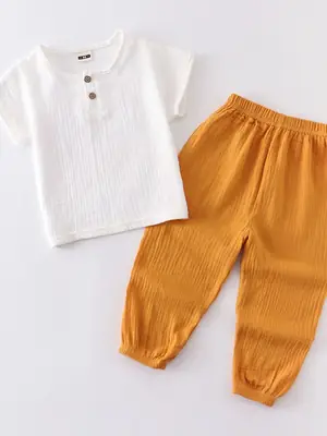 Kids Cotton Pajama Set White Blue Loose Fit Summer Wear thumbnail 3