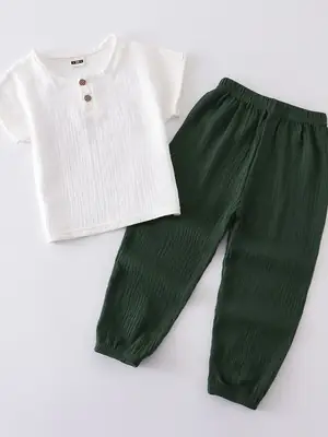 Kids Cotton Pajama Set White Blue Loose Fit Summer Wear thumbnail 5