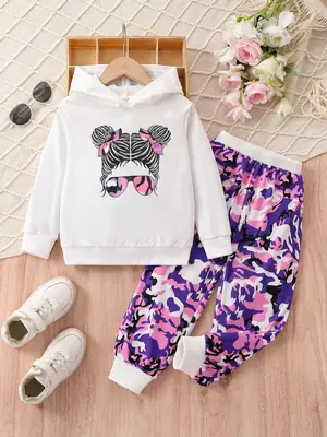 Kids Hooded Sweater Suit Pink Cartoon Print 1-5Y
