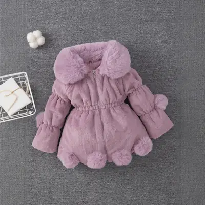 Pink Imitation Fur Coat for Girls 3-5 Years Warm Pom Pom