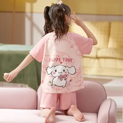 Kids Cotton Pajamas Pink Happy Time Design