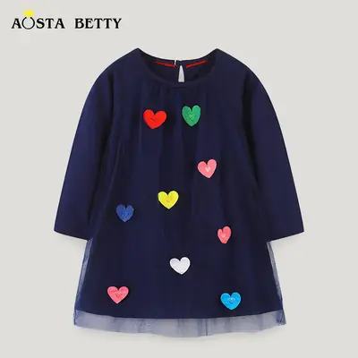 Navy Blue Heart Applique Long Sleeve Dress for Girls