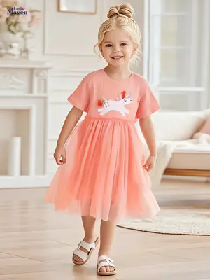 Little Girl Unicorn Tulle Dress Peach Summer Wear