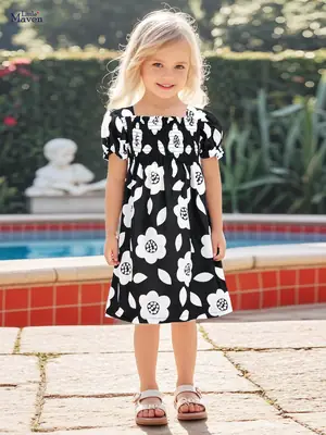 Girls Black White Floral Summer Dress Cotton Smocked Bodice
