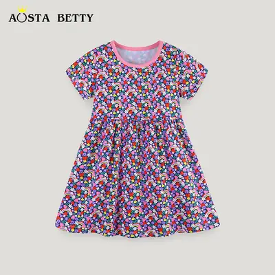 Princess Dress Rainbow Floral Print for Girls Summer Wear