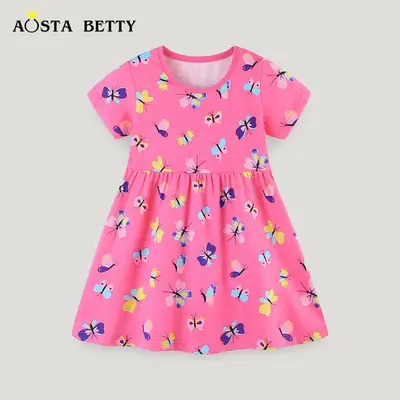Pink Butterfly Print Cotton Dress for Kids 3-8Y