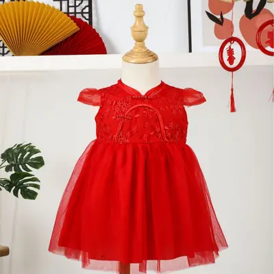 Red Embroidered Princess Dress for Girls 100-Day Celebration