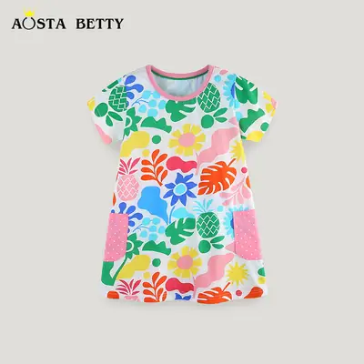 Kids Cartoon Floral Dress Summer Wear Pink Trim