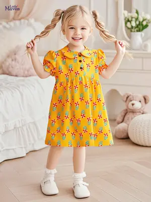 Yellow Floral Doll Dress for Girls Summer Wear