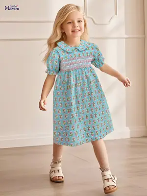 Cotton Floral Summer Dress for Little Girl Blue Pink