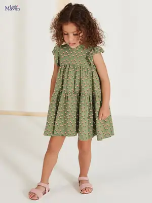 Girls Floral Green Dress with Ruffled Sleeves & Tiered Skirt