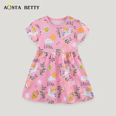 Pink Unicorn Print Kids Dress for Summer