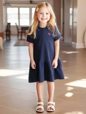 Navy Blue Polo Dress for Girls with Pink Dinosaur Embroidery