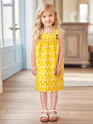 Yellow Giraffe Print Cotton Dress for Girls Summer