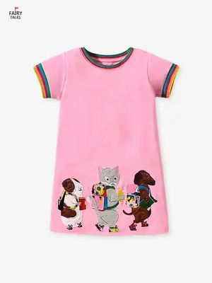 Pink Cotton T-Shirt for Kids with Rainbow Stripes & Animal Embroidery