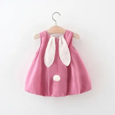 Pink Rabbit Ears Dress for Girls with Lace & Tail