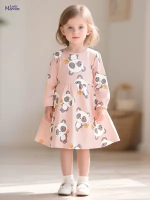 Pakistani Kids Panda Print Long Sleeve Dress Pink