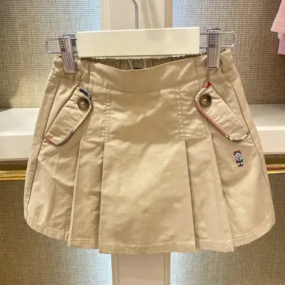 Khaki Pleated Kids Skirt with Bear Embroidery