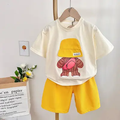 Kids Cotton Bear Print Shorts Top Set Yellow White