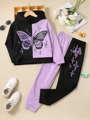 Kids Butterfly Hoodie & Joggers Set Black Lavender