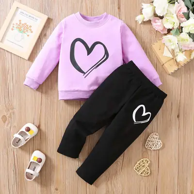 Kids Heart Print Sweatshirt Set Pink Black Winter Warm
