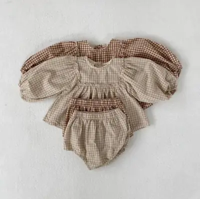 Baby Plaid Bubble Shorts Set Khaki Summer Wear