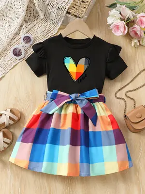 Kids Rainbow Heart Love Top & Plaid Skirt Set
