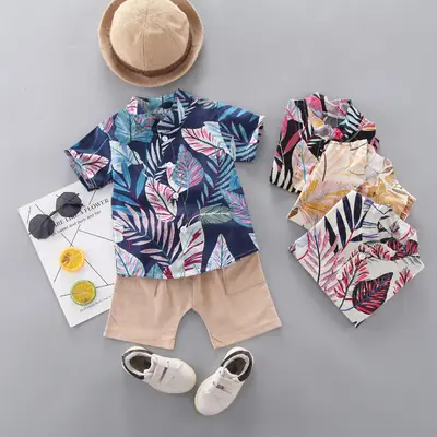 Kids Printed Tropical Leaf Suit Set Beige Shorts