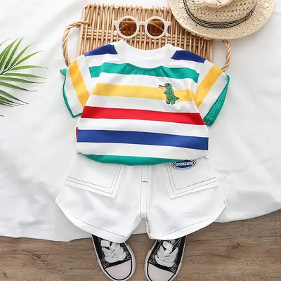Kids Striped Dinosaur Shorts Set White