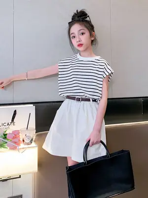 Little Girl Striped Summer Suit White Shorts Black Belt