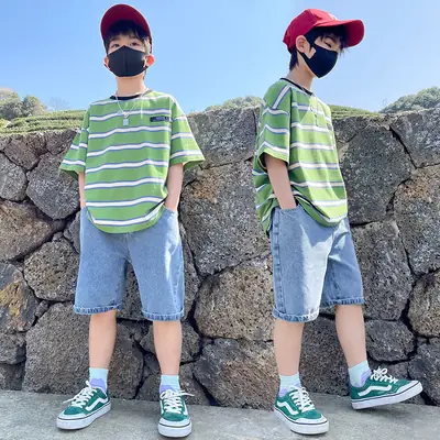 Boys Striped Shorts Suit Green White Denim Shorts 120cm