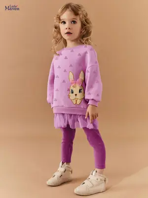 Girls Bunny Embroidered Sweater Suit Pink Purple