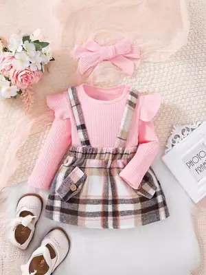 Pink Plaid Suspender Skirt Suit for Girls with Headscarf