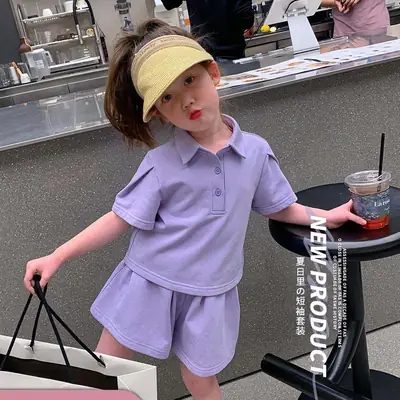 Kids Purple Polo Shorts Set for Summer